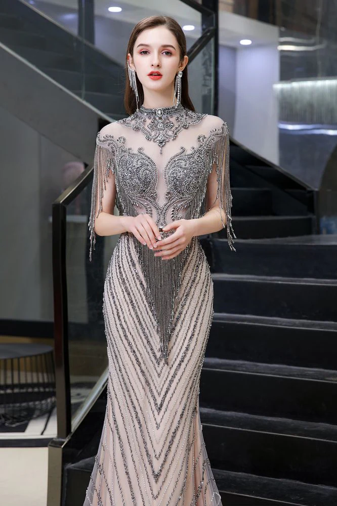 Cap sleeves High neck Sparkle Beads Long Prom Dresses On Sale - Image 7