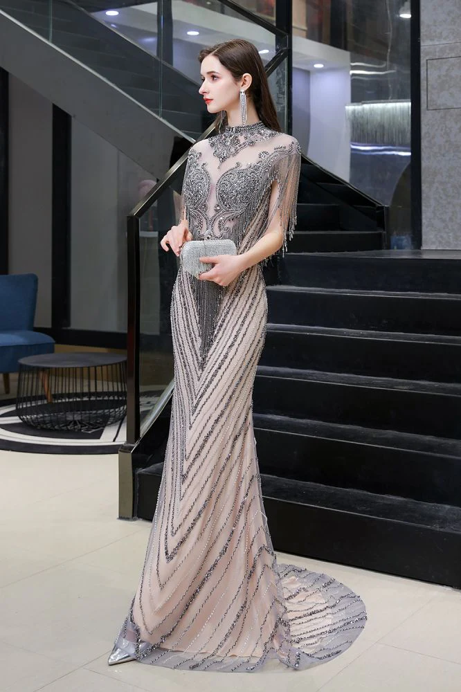 Cap sleeves High neck Sparkle Beads Long Prom Dresses On Sale - Image 8