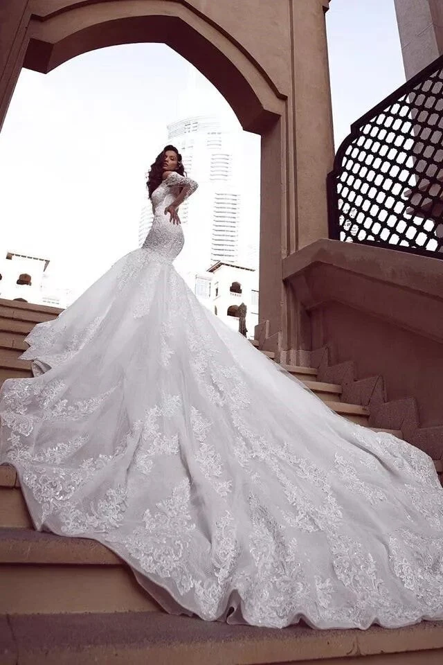 Cap sleeves Mermaid Long Train White Wedding Dresses Online - Image 2
