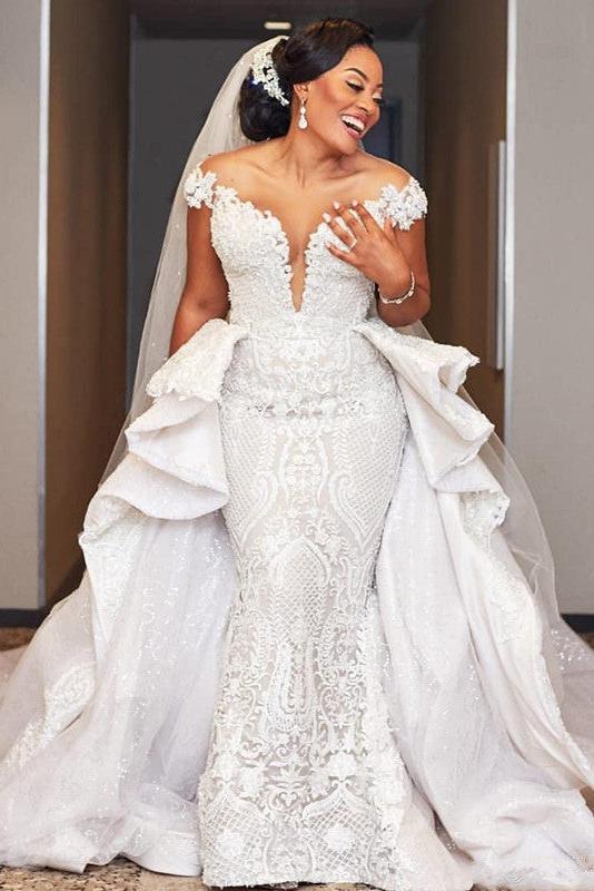 Cap sleeves Mermaid Long Wedding Dresses with Ruffles Overskirt - Image 2