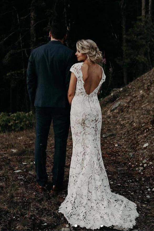 Cap sleeves Modern Backless Lace Ivory Court Train Beach Wedding Dress - Image 2