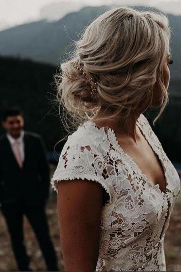 Cap sleeves Modern Backless Lace Ivory Court Train Beach Wedding Dress - Image 3