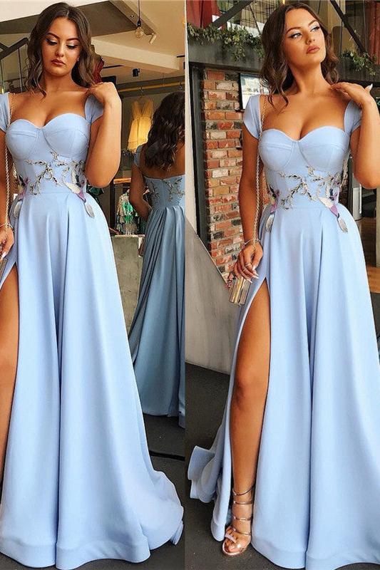 Cap Sleeves Open Back Blue Evening Dress Chic Side Slit Appliques Prom Dresses On Sale - Image 3