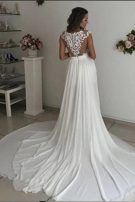 Cap sleeves V neck Chiffon Front split Court Train Wedding Dress - Image 2