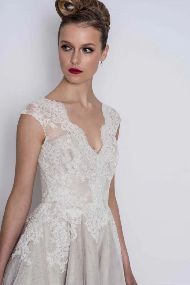 Cap sleeves V neck Princess Short Ankle length Wedding Dress - Image 3