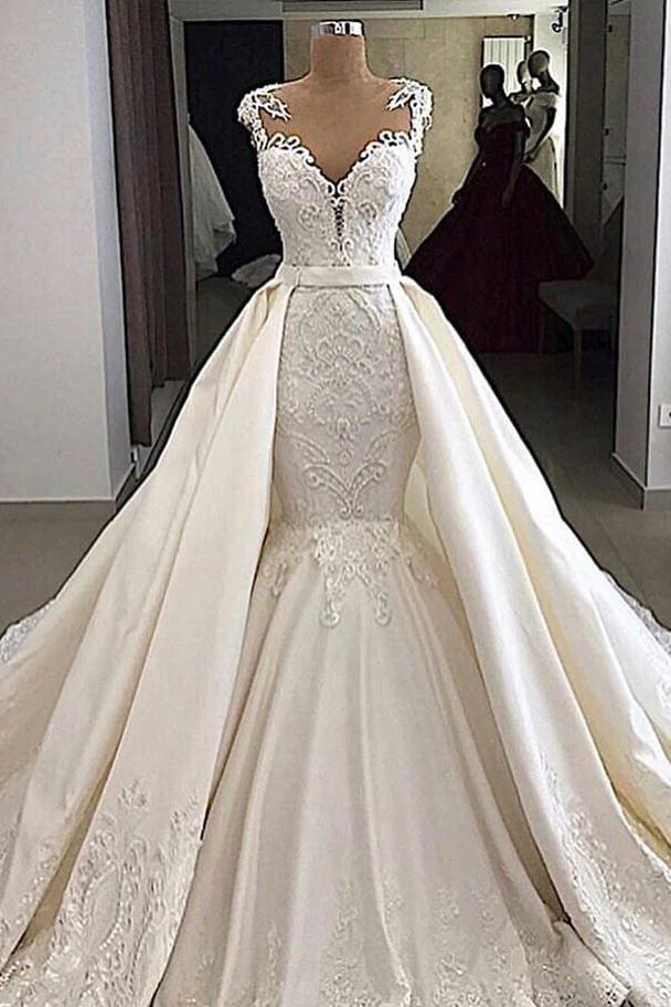 Cap sleeves White Mermaid 2 in 1 Wedding Dresses with Overskirt - Image 2