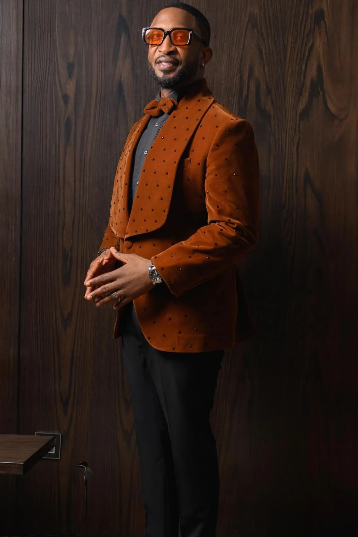 Caramel Shawl Lapel Velvet Prom Suit with Beading - Image 3