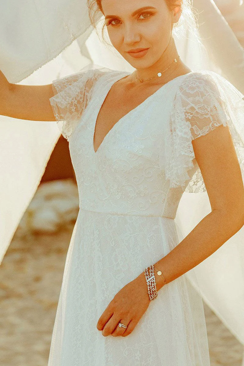 Casual Wedding Dress A Lne Chic V-Neck Short Sleeve Long Tulle Beach Wedding Party Dresses Bridal Gowns - Image 2