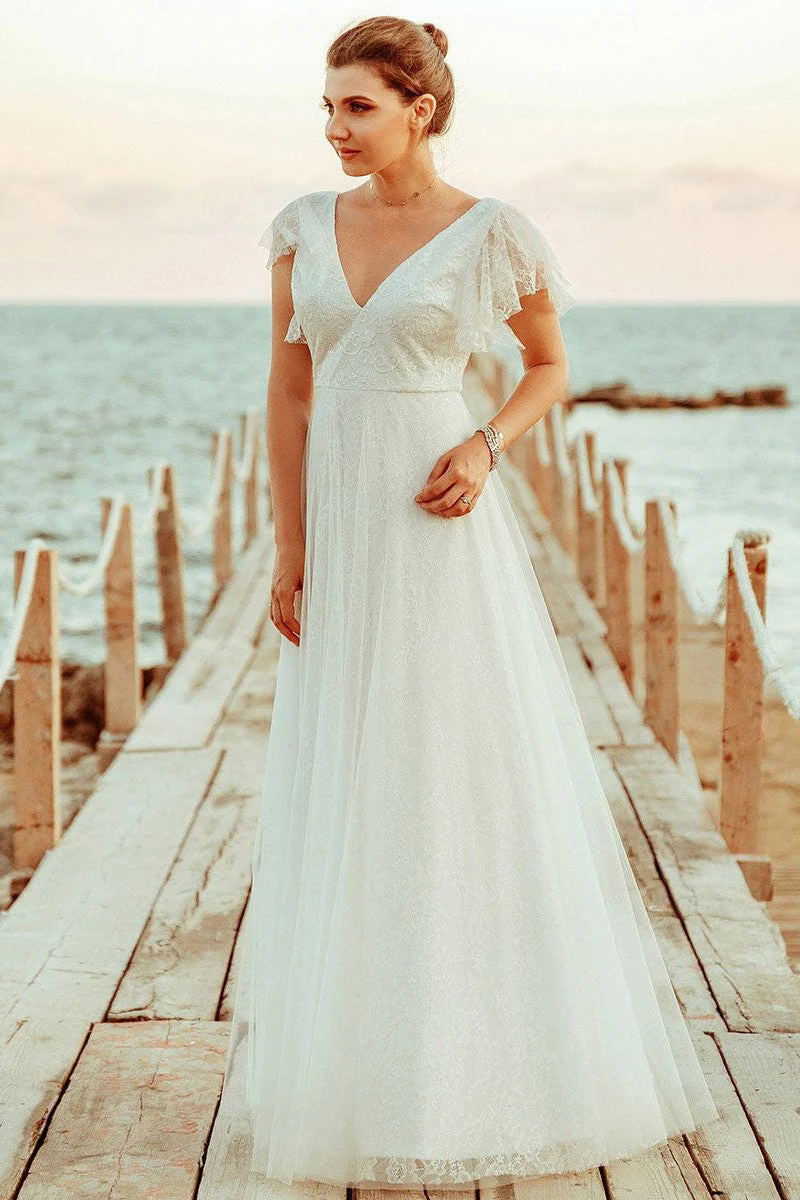 Casual Wedding Dress A Lne Chic V-Neck Short Sleeve Long Tulle Beach Wedding Party Dresses Bridal Gowns - Image 3