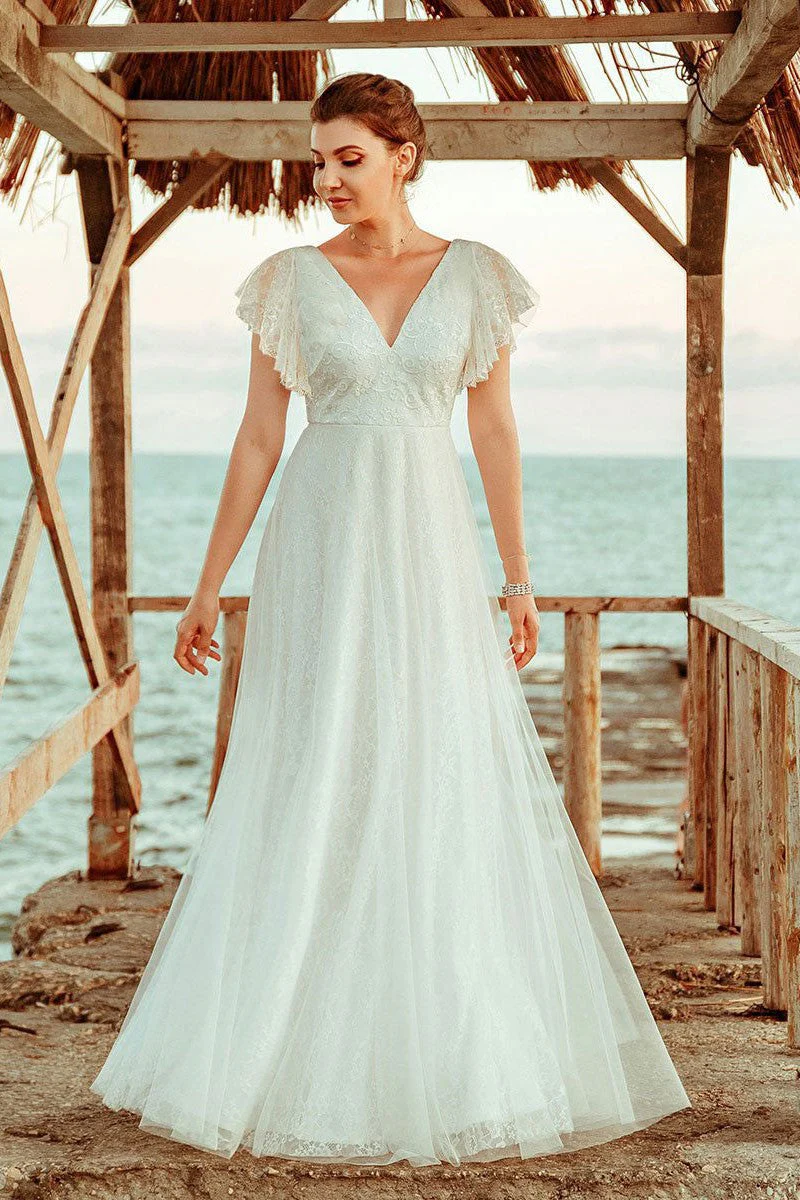 Casual Wedding Dress A Lne Chic V-Neck Short Sleeve Long Tulle Beach Wedding Party Dresses Bridal Gowns - Image 4