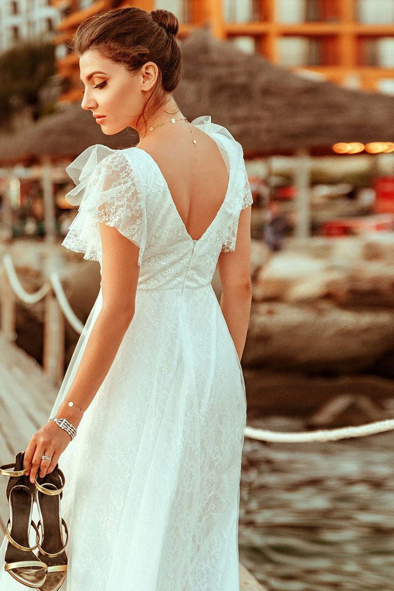 Casual Wedding Dress A Lne Chic V-Neck Short Sleeve Long Tulle Beach Wedding Party Dresses Bridal Gowns - Image 5