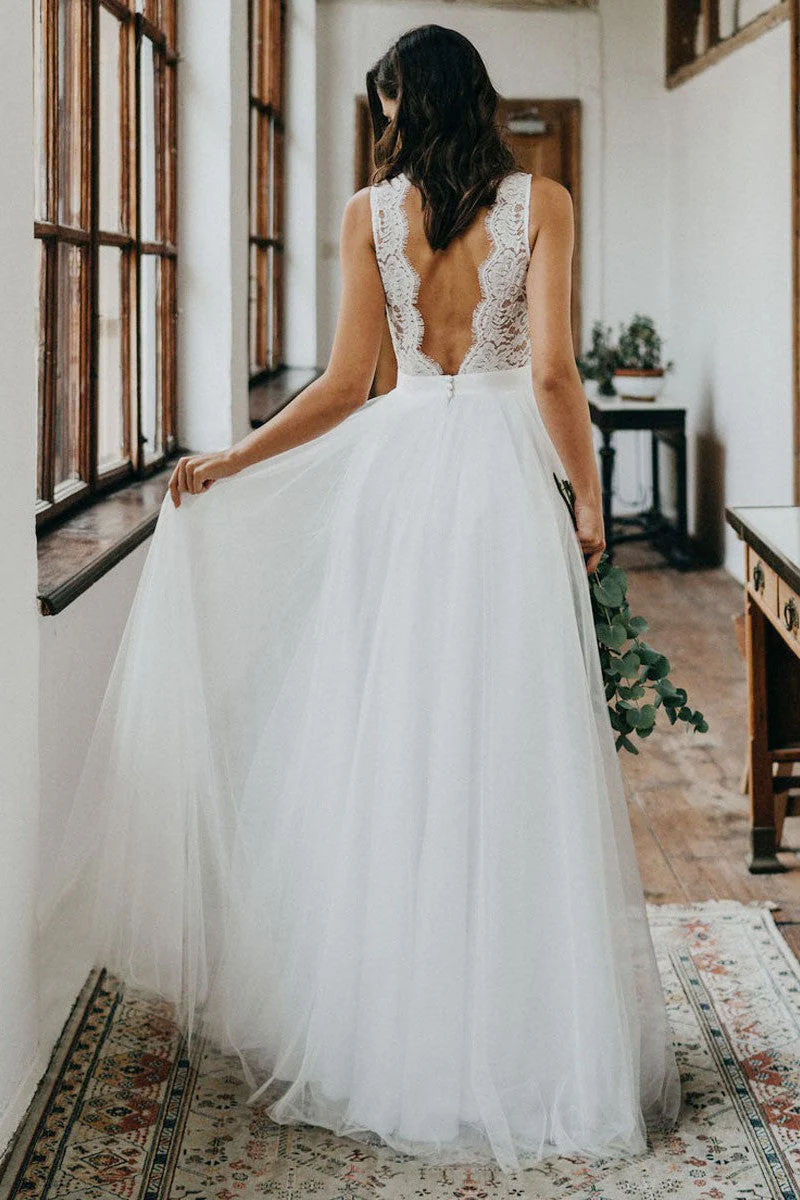 Casual Wedding Dress Tulle A-line Chic V-Neck Sleeveless Lace Long Bridal Gowns - Image 2