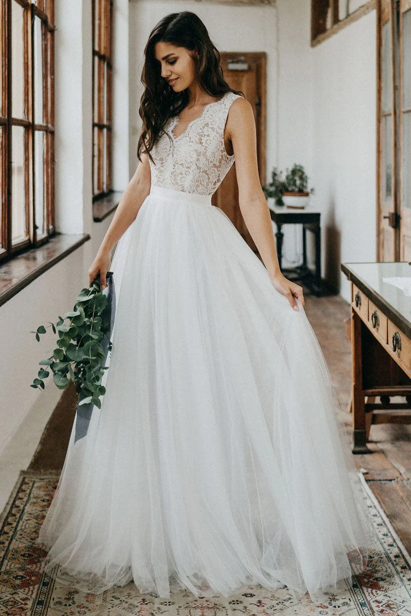 Casual Wedding Dress Tulle A-line Chic V-Neck Sleeveless Lace Long Bridal Gowns - Image 3
