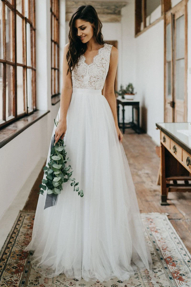 Casual Wedding Dress Tulle A-line Chic V-Neck Sleeveless Lace Long Bridal Gowns - Image 4