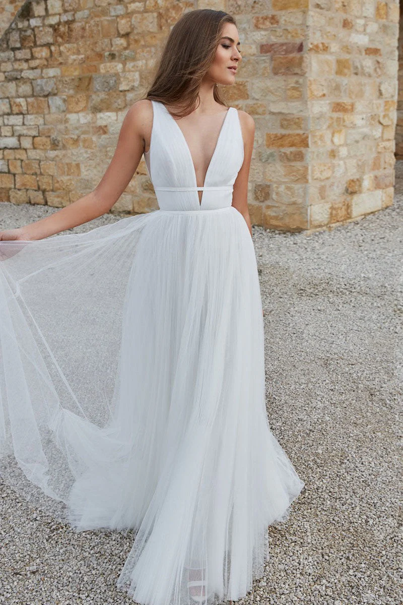 Casual White Wedding Dress A-Line Chic V-Neck Sleeveless Long Pleated Tulle Bridal Gowns - Image 5