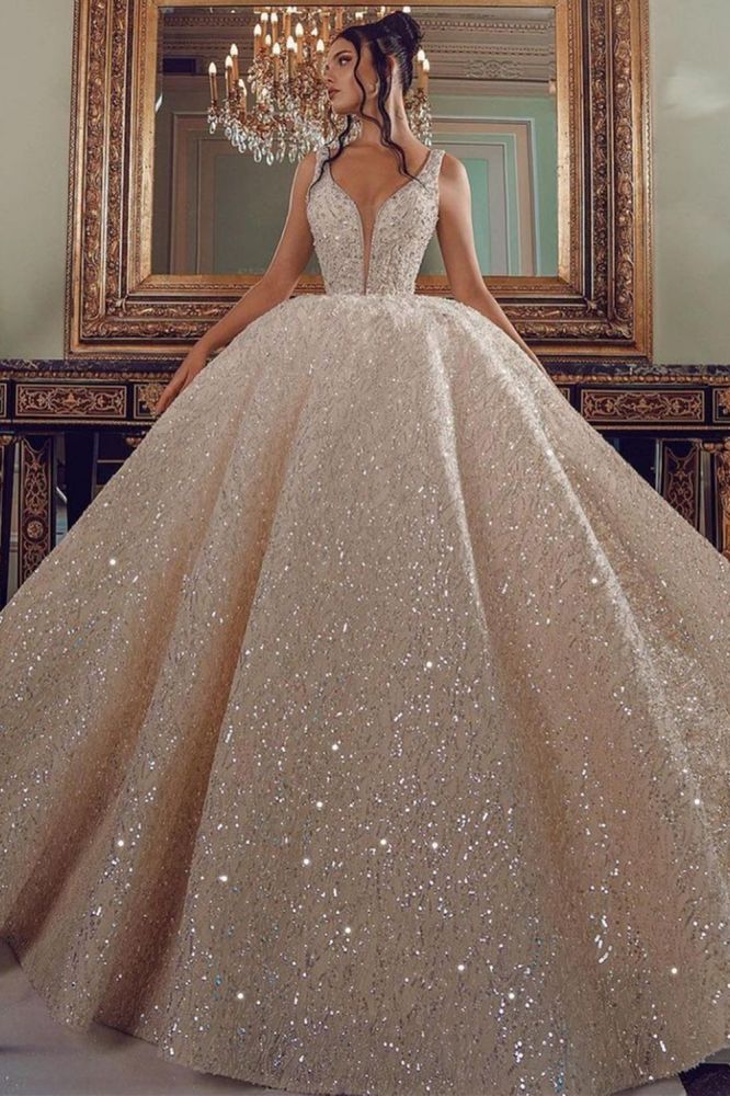 Cathedral wedding dress V Neck Aline Sequined Bridal Gowns Sleevelss - Image 2
