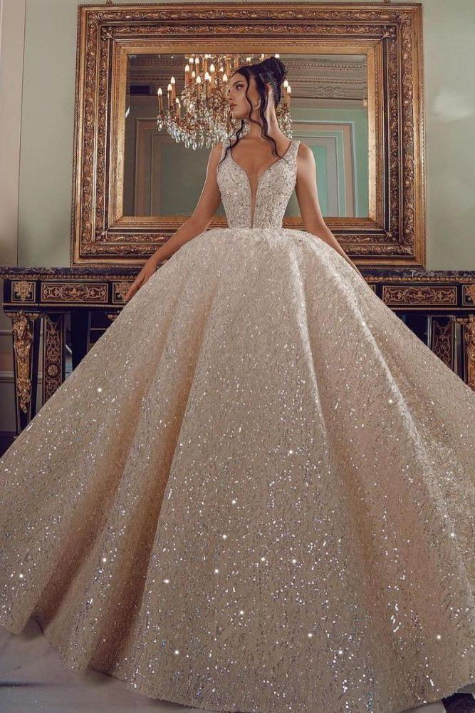 Cathedral wedding dress V Neck Aline Sequined Bridal Gowns Sleevelss - Image 3