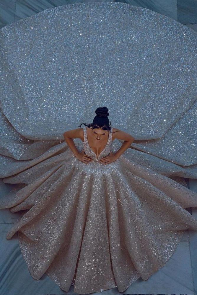 Cathedral wedding dress V Neck Aline Sequined Bridal Gowns Sleevelss - Image 4