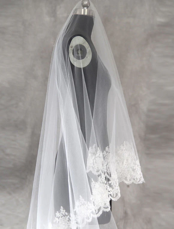 Cathedral White Lace Applique Edge Tulle Wedding Veil - Image 3