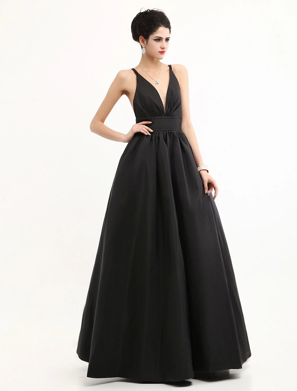 Modern Celebrity Dresses Black Oscar Evening Dress Straps Backless Deep V Taffeta Dress - Image 2
