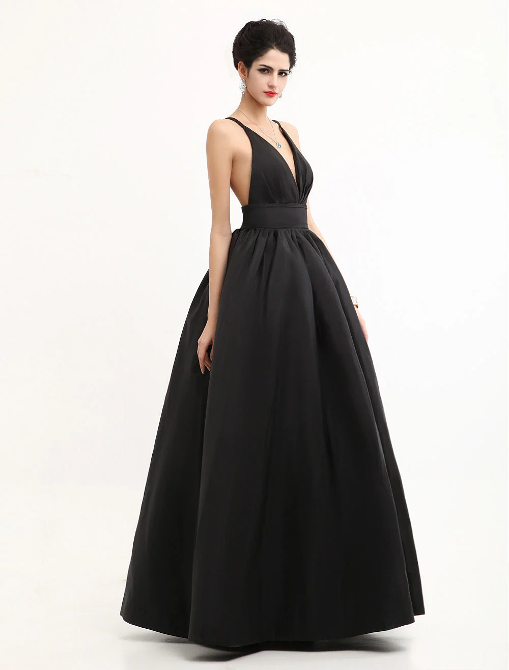 Modern Celebrity Dresses Black Oscar Evening Dress Straps Backless Deep V Taffeta Dress - Image 3