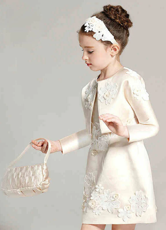 Champagne A-line Flower Applique Beaded Short flower girl dress With Jacket - Image 2