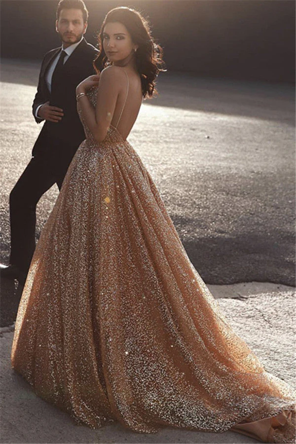 Champagne Elgant A-line Spaghetti Straps Backless Sequins Prom Dresses - Image 2