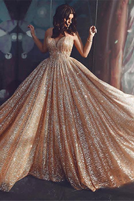 Champagne Elgant A-line Spaghetti Straps Backless Sequins Prom Dresses - Image 3