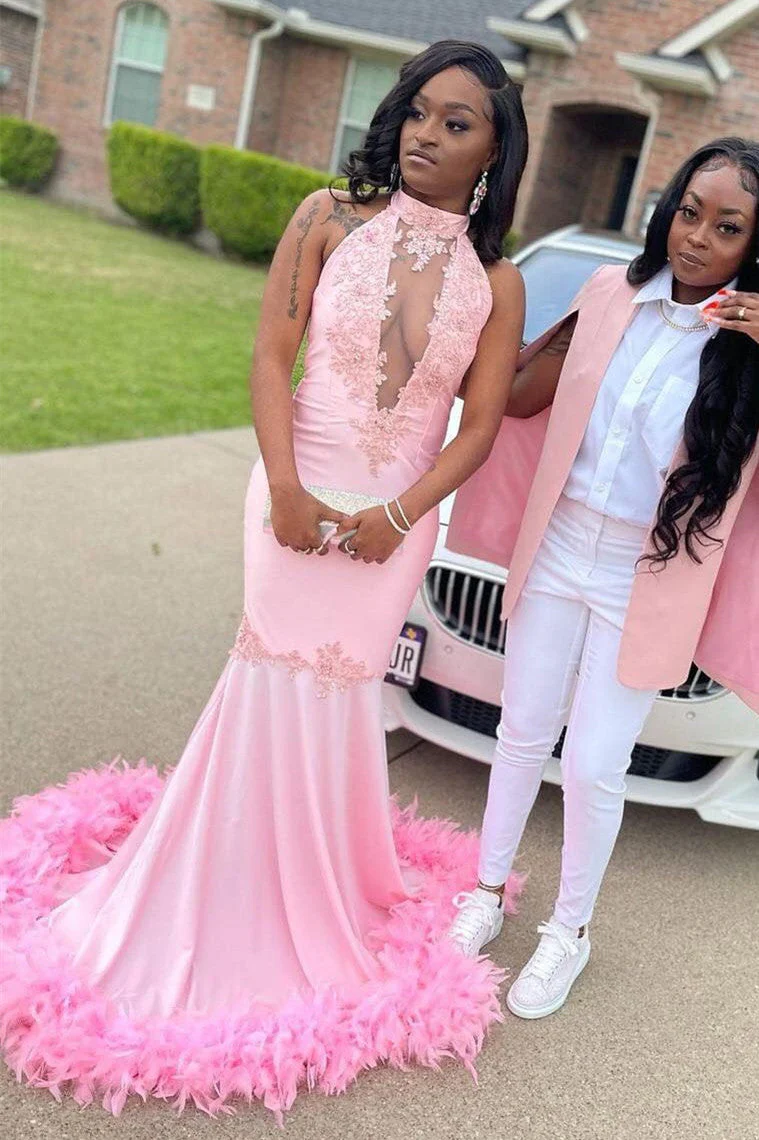 Pink Halter Gold Sequins Prom Dresses Mermaid Feather Evening Dress - Image 2
