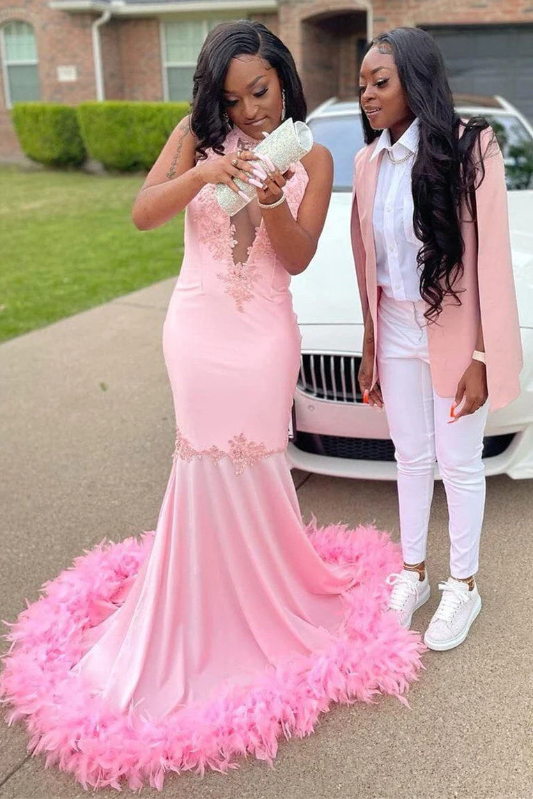 Pink Halter Gold Sequins Prom Dresses Mermaid Feather Evening Dress - Image 3
