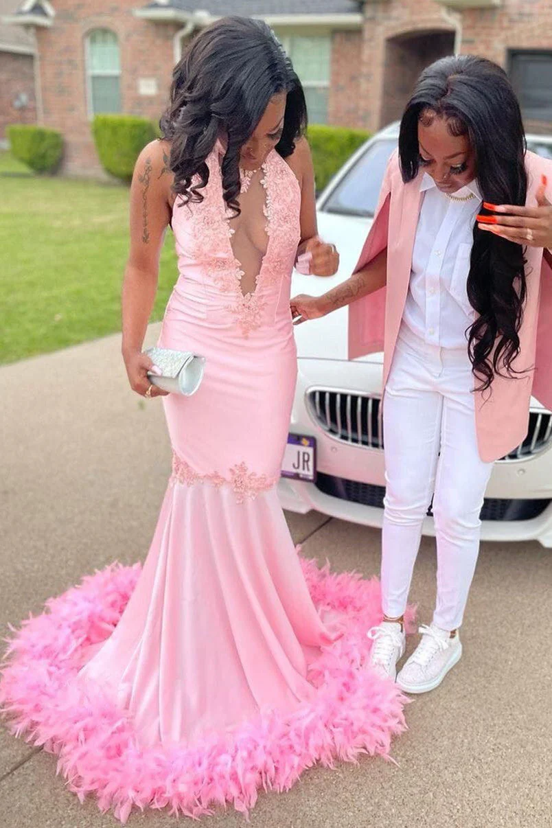 Pink Halter Gold Sequins Prom Dresses Mermaid Feather Evening Dress - Image 4