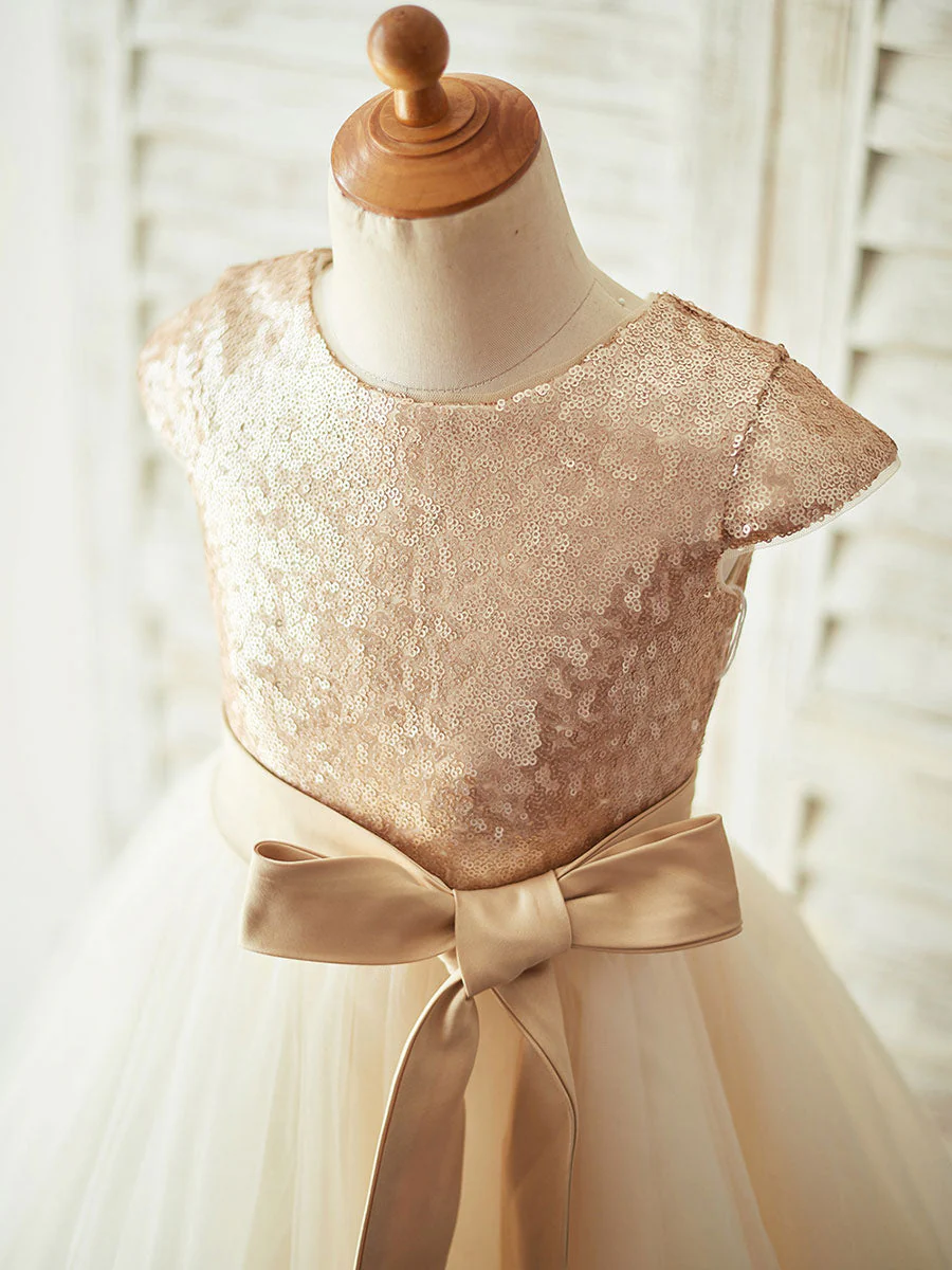 Champagne Jewel Neck Short Sleeves Sash Kids Party Dresses - Image 3