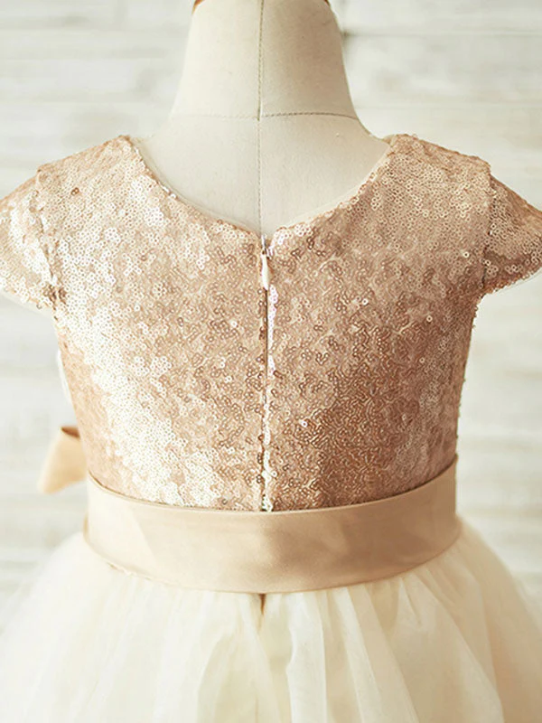 Champagne Jewel Neck Short Sleeves Sash Kids Party Dresses - Image 4