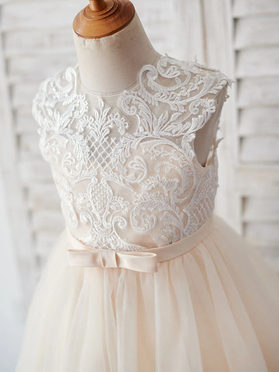 Champagne Jewel Neck Sleeveless Pearls Kids Party Dresses - Image 3
