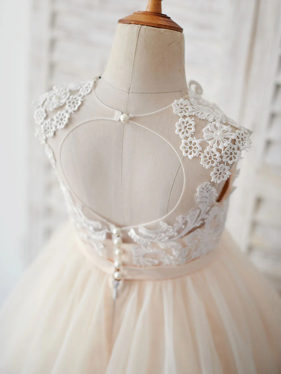 Champagne Jewel Neck Sleeveless Pearls Kids Party Dresses - Image 4