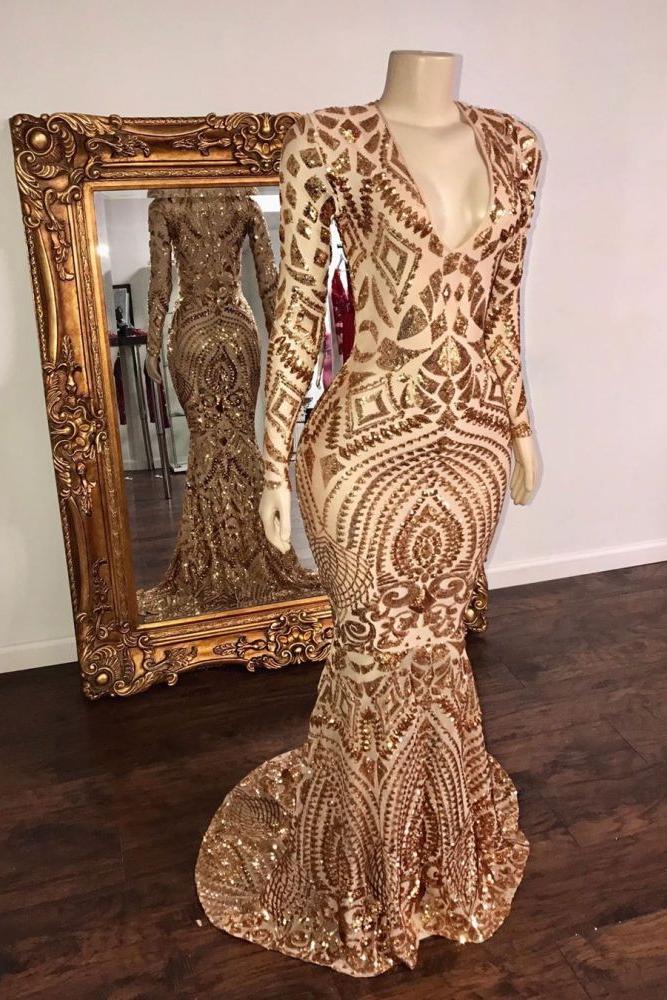 Champagne Sequins V-neck Long Sleevess Mermaid Prom Dresses - Image 2