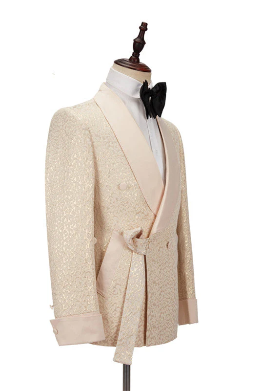 Champagne Shawl Lapel Slim Jacquard Wedding Men Suits - Image 2