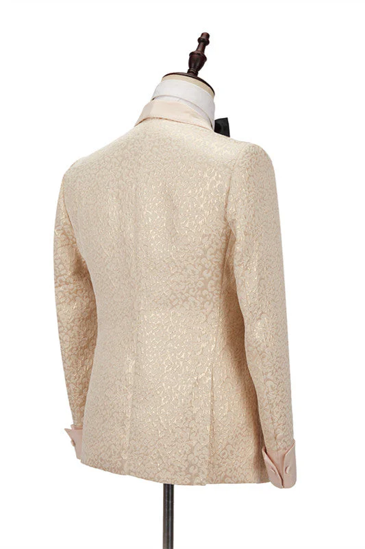 Champagne Shawl Lapel Slim Jacquard Wedding Men Suits - Image 3