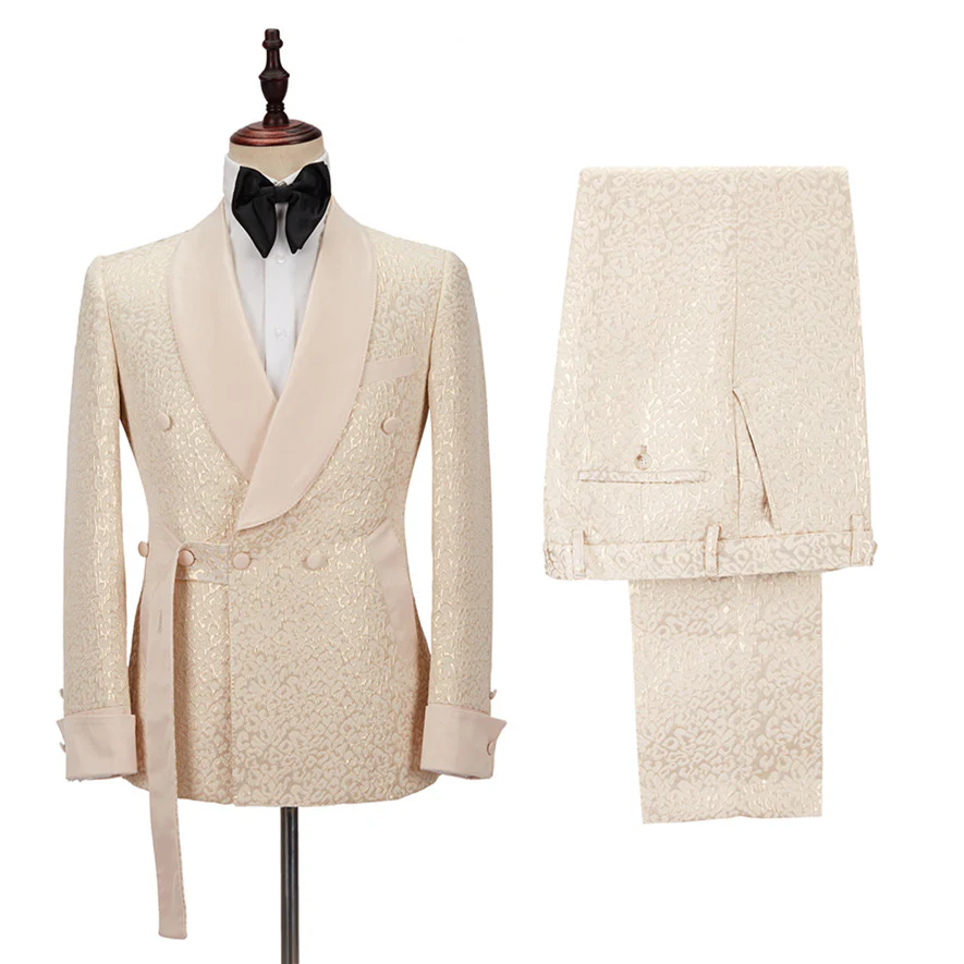 Champagne Shawl Lapel Slim Jacquard Wedding Men Suits - Image 4