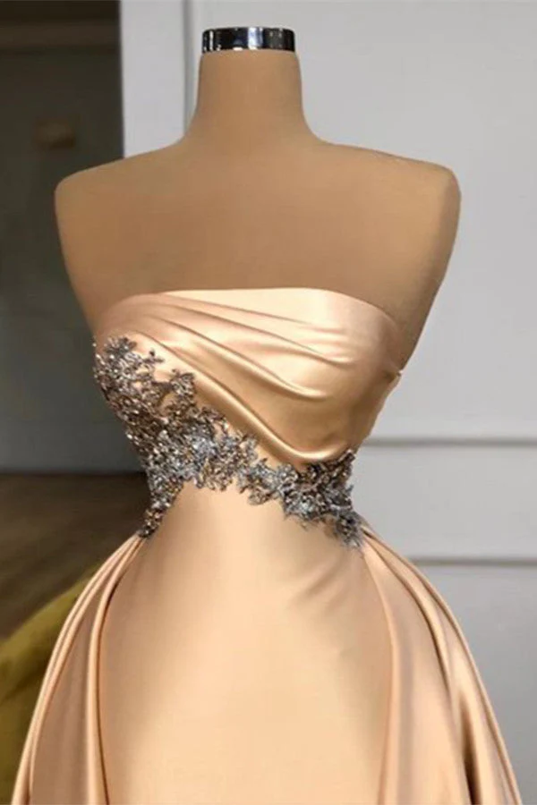 Champagne Strapless Overskirt Prom Dress Long With Crystals - Image 2