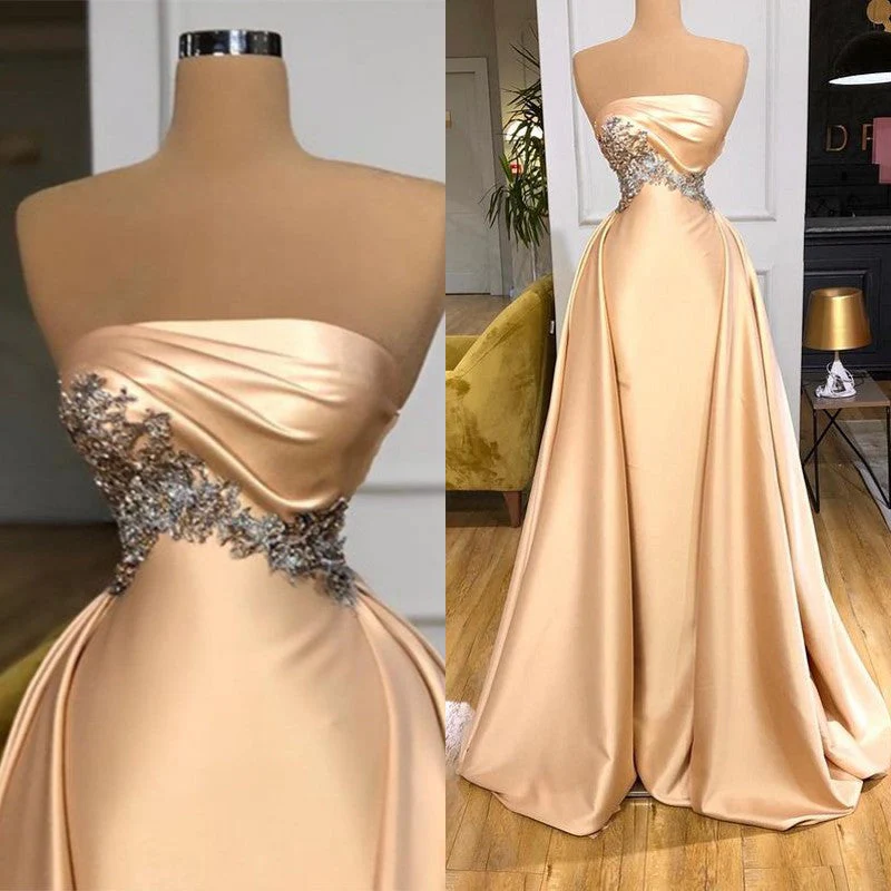 Champagne Strapless Overskirt Prom Dress Long With Crystals - Image 3