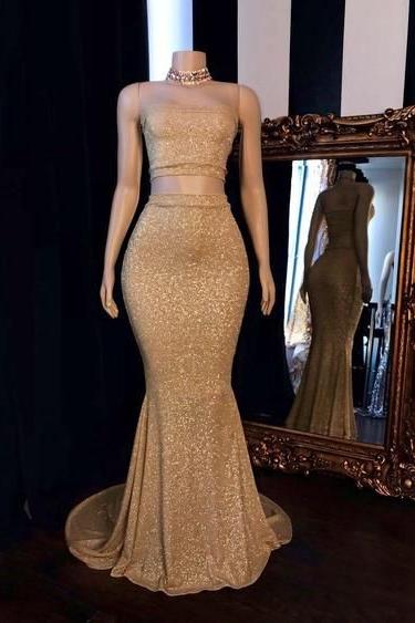 Champagne Two-piece Strapless Long Mermaid Prom Dresses with Choker - Image 2