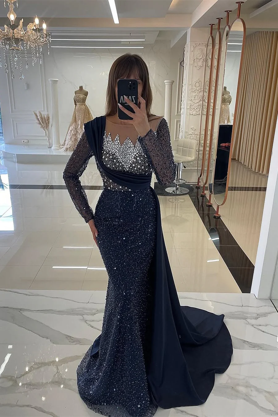 Champange Mermaid Long Sleeves Sequin Floor length Evening Dresses - Image 2