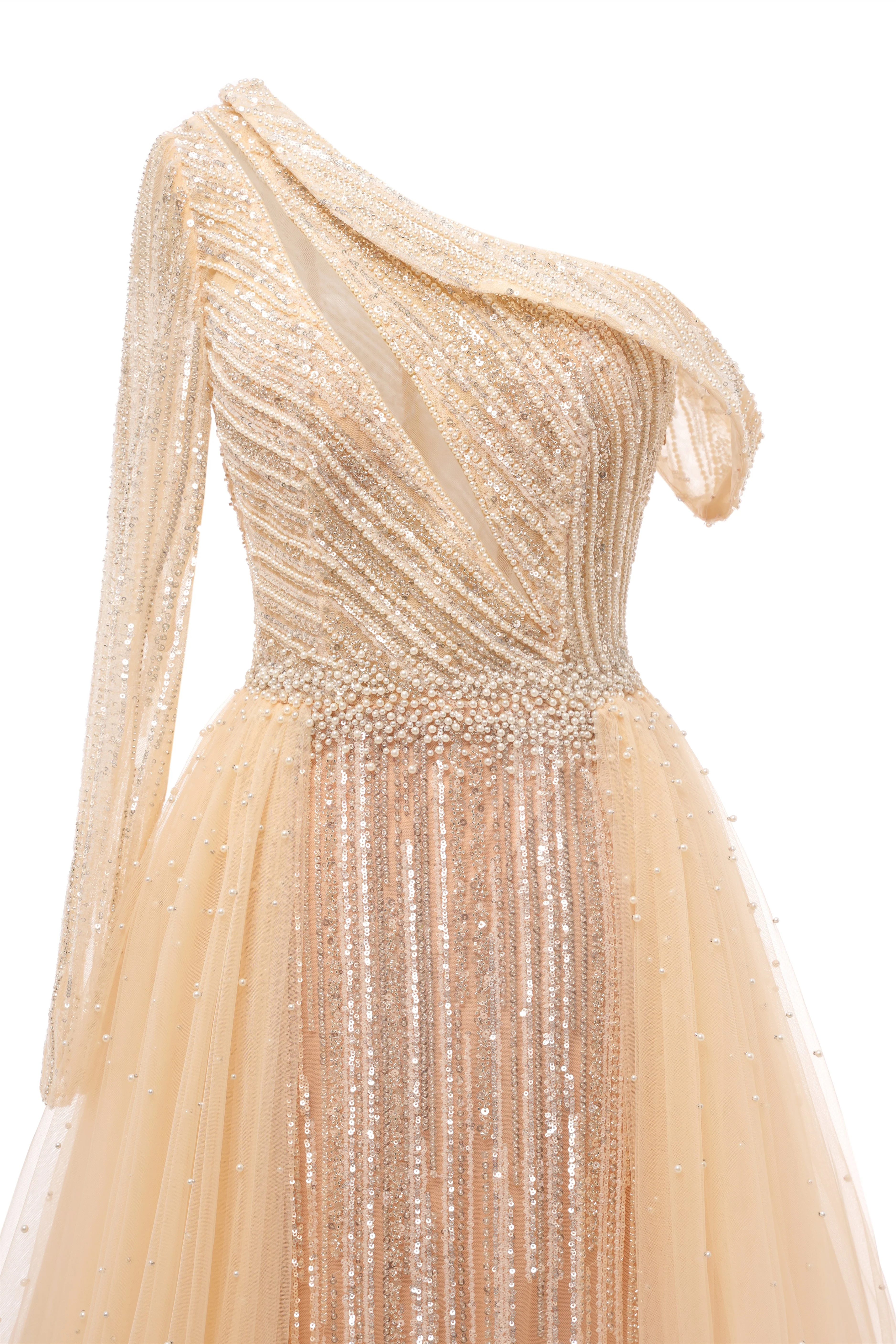 Champange One shoulder Overskirt Beaded Evening Dresses - Image 2
