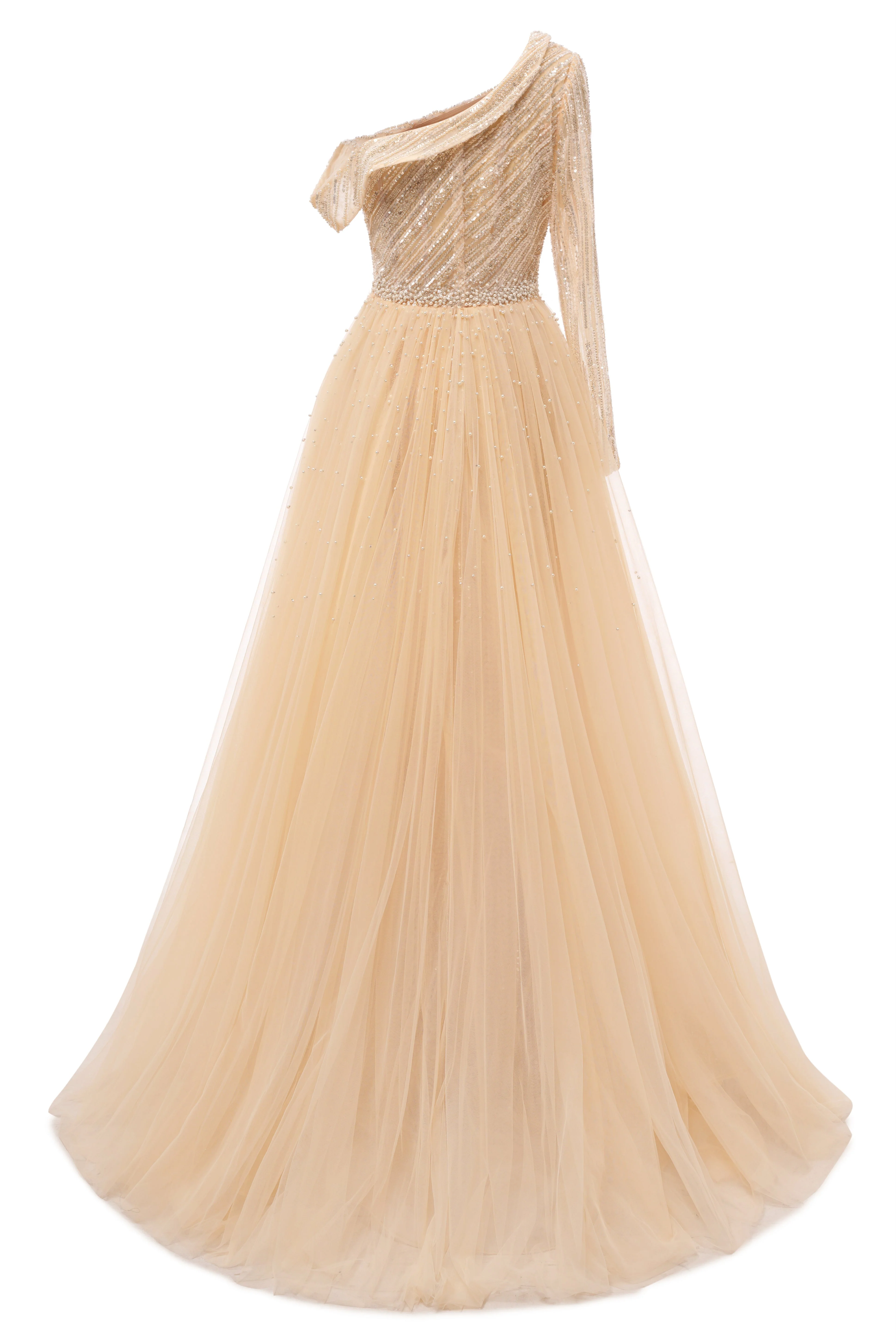Champange One shoulder Overskirt Beaded Evening Dresses - Image 3