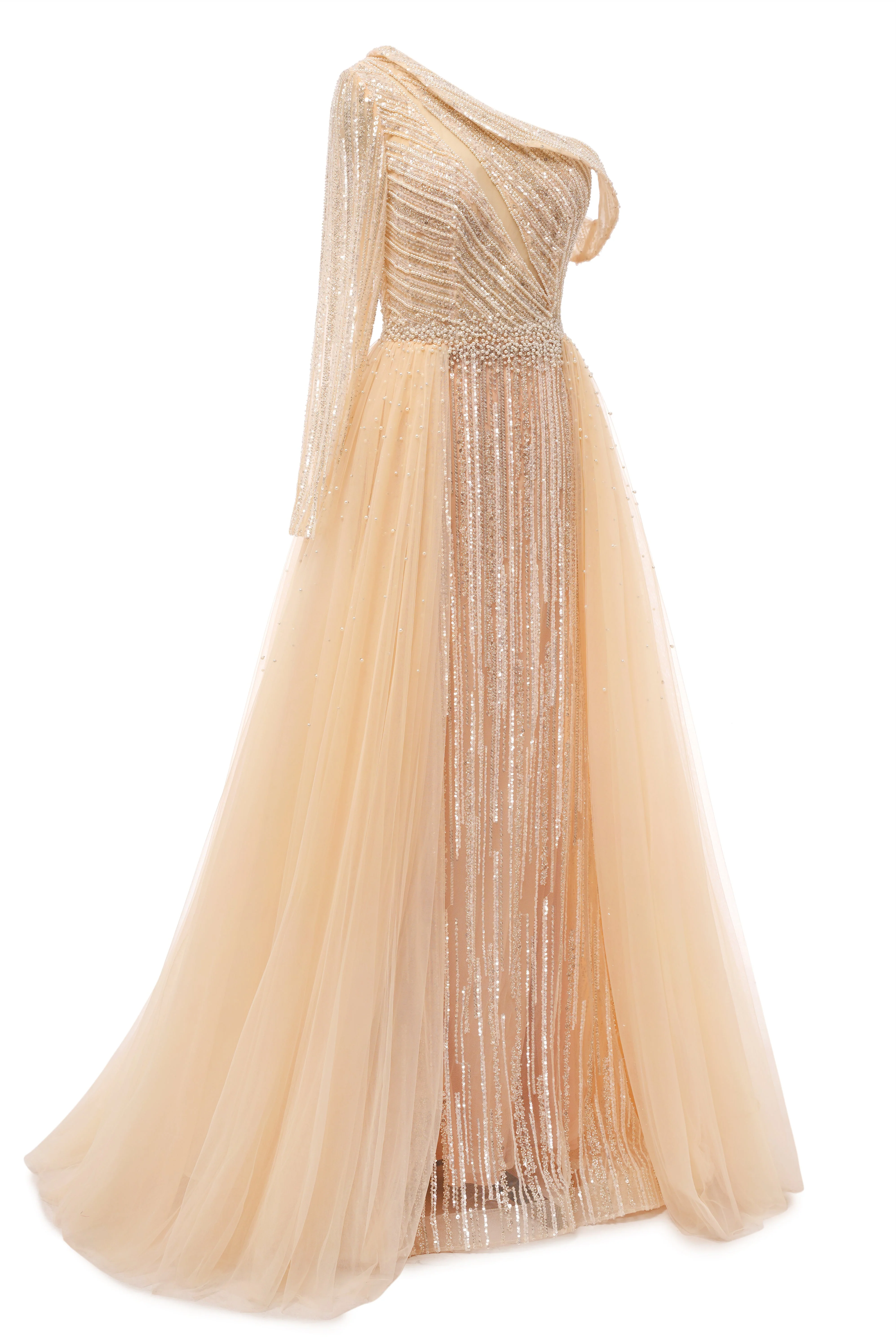 Champange One shoulder Overskirt Beaded Evening Dresses - Image 4