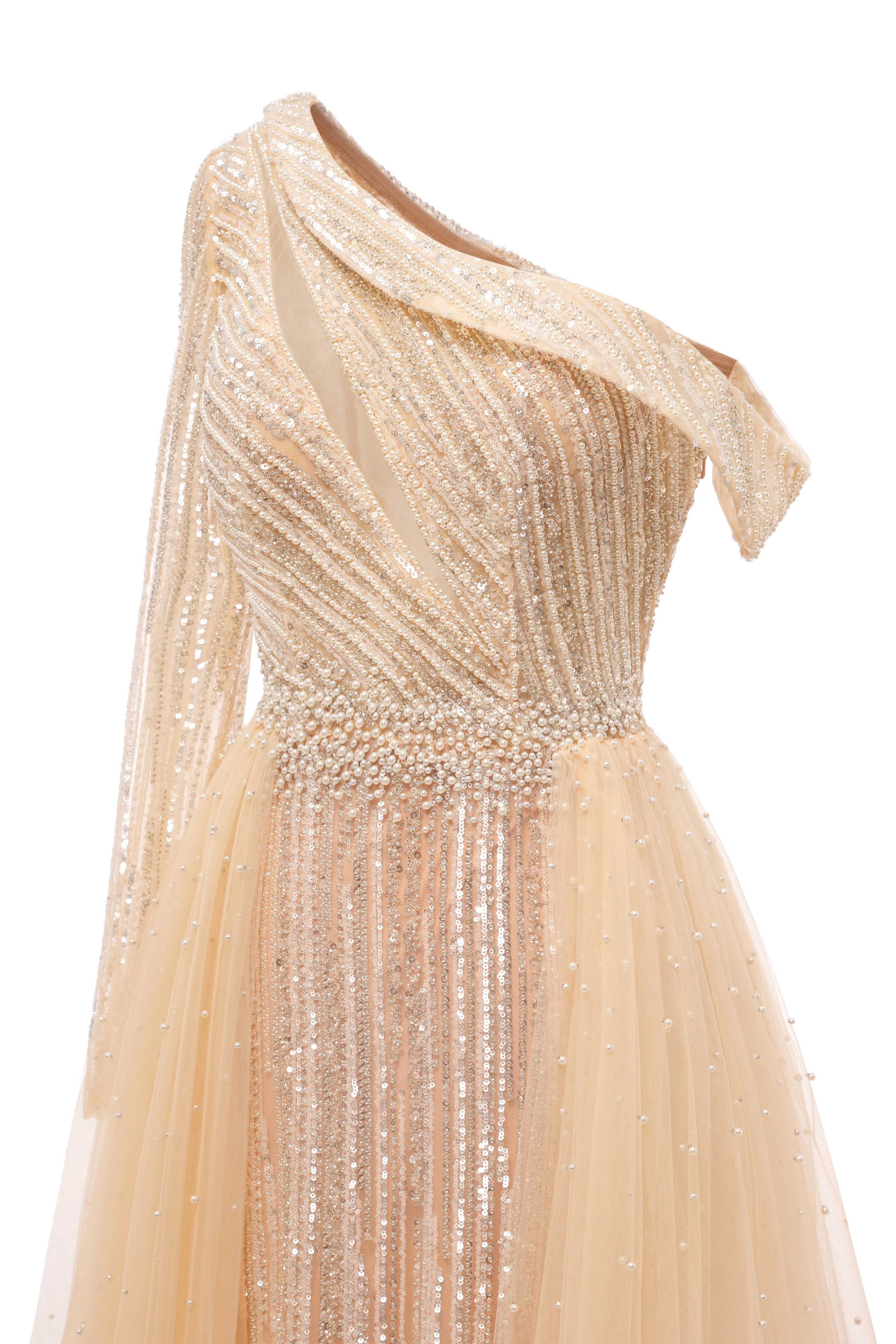 Champange One shoulder Overskirt Beaded Evening Dresses - Image 5