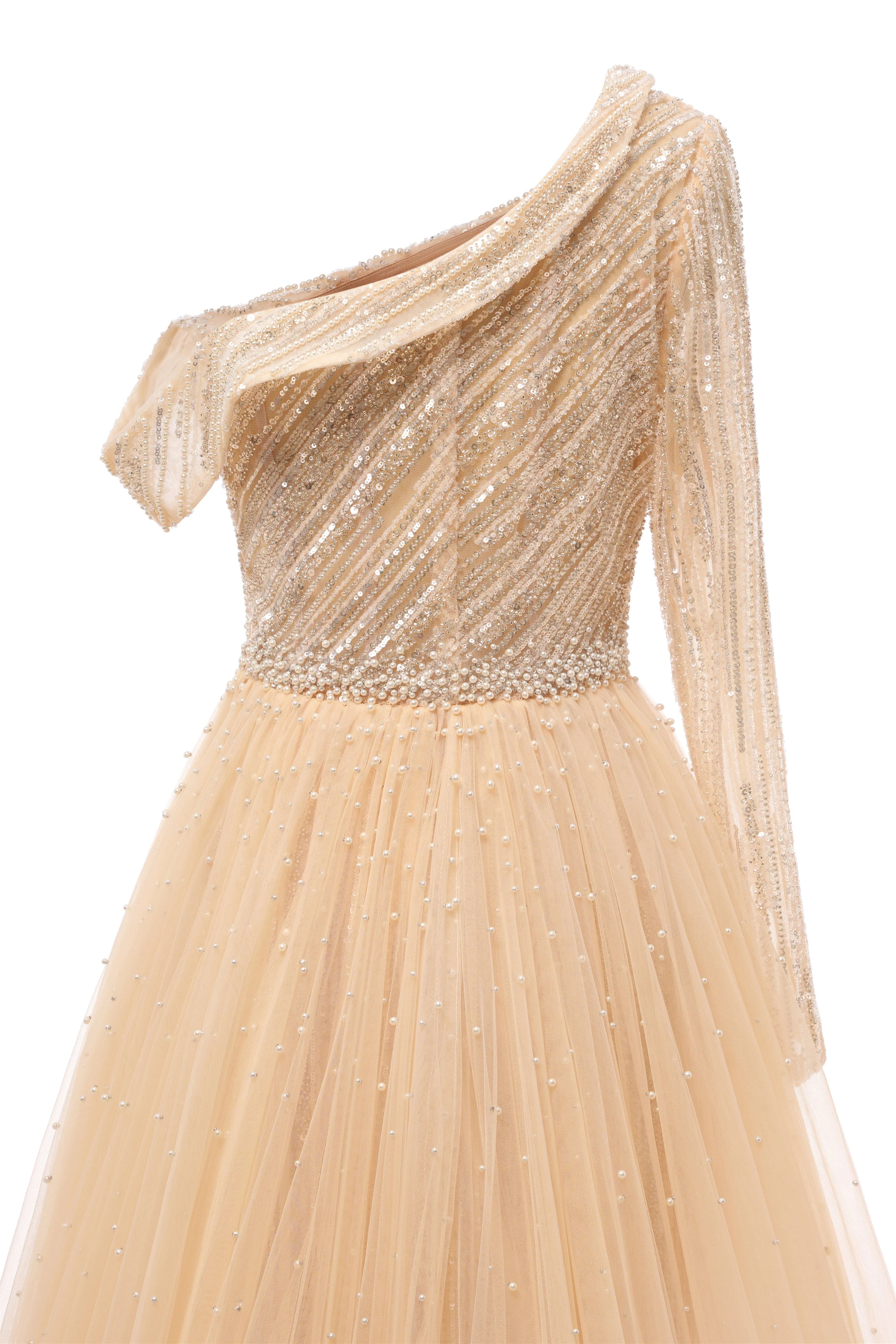 Champange One shoulder Overskirt Beaded Evening Dresses - Image 6