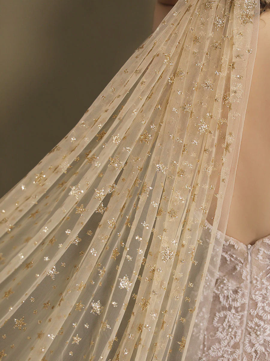 Champange Wedding Veil One-Tier Sequins Stars Tulle Finished Edge Waterfall Bridal Veils - Image 4