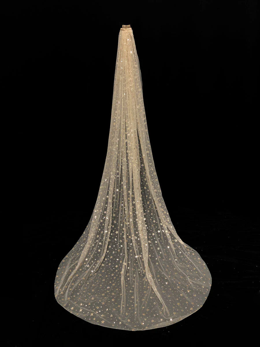 Champange Wedding Veil One-Tier Sequins Stars Tulle Finished Edge Waterfall Bridal Veils - Image 5